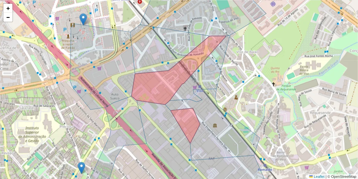 Mapa detalhado do código postal 4100-247 com limites, códigos postais vizinhos e agências dos correios