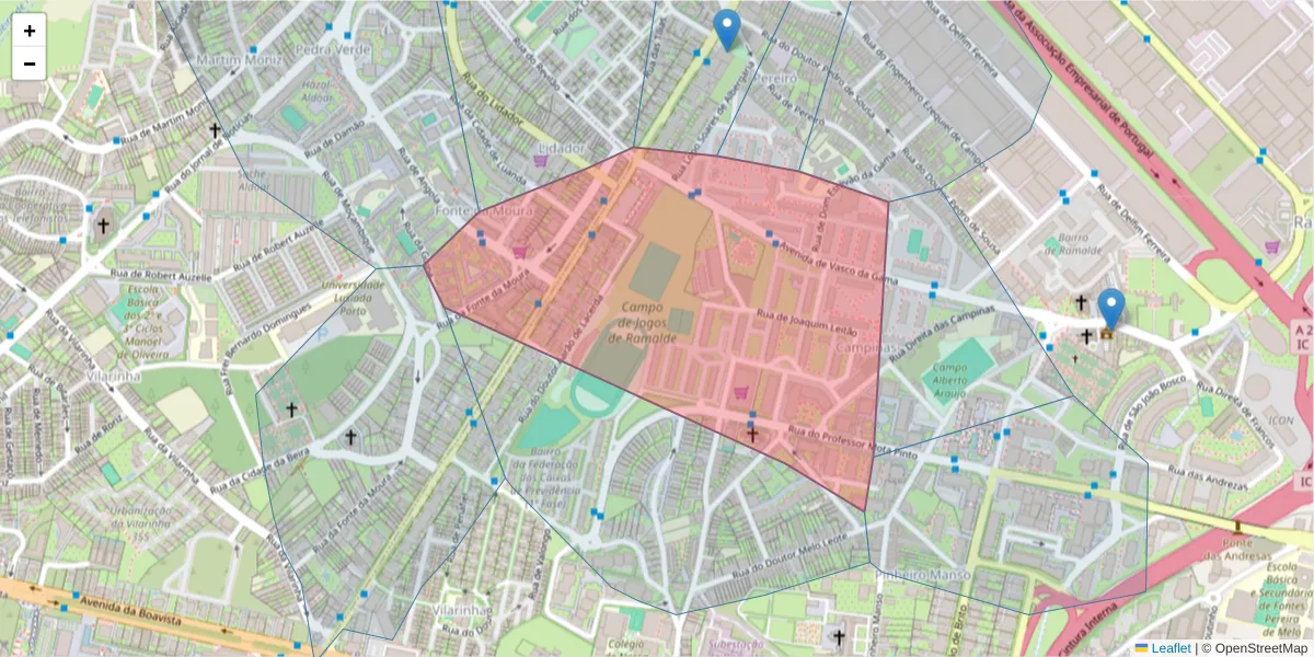 Mapa detalhado do código postal 4100-289 com limites, códigos postais vizinhos e agências dos correios