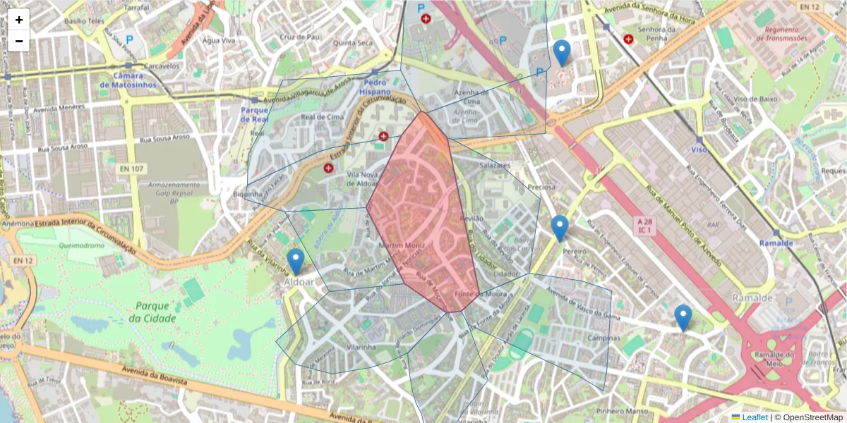 Mapa detalhado do código postal 4100-326 com limites, códigos postais vizinhos e agências dos correios