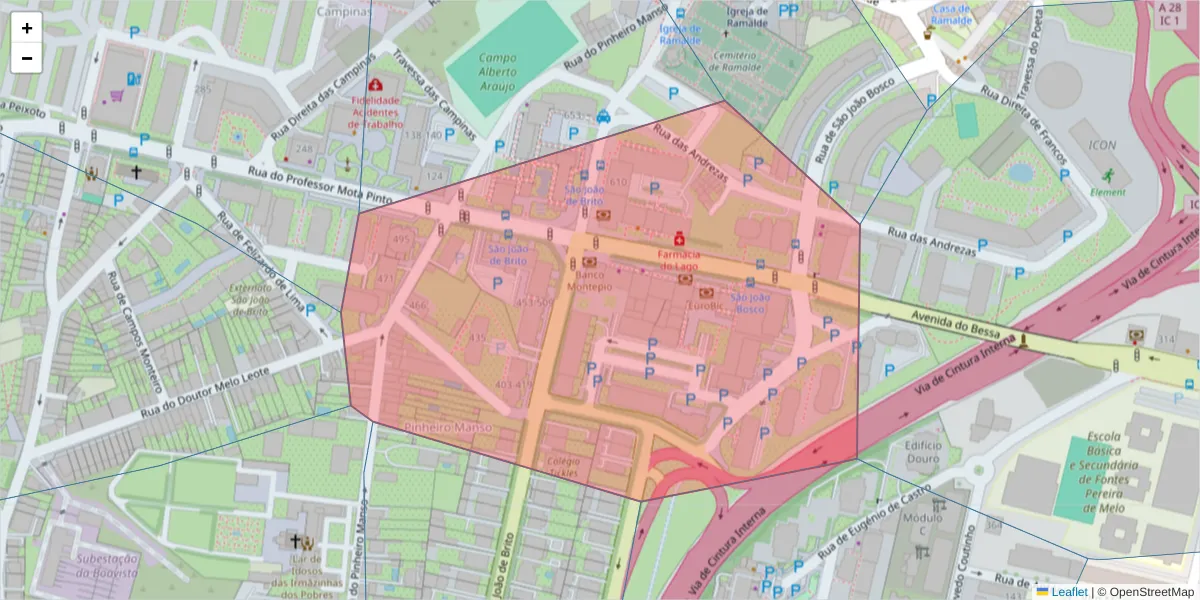 Mapa detalhado do código postal 4100-453 com limites, códigos postais vizinhos e agências dos correios
