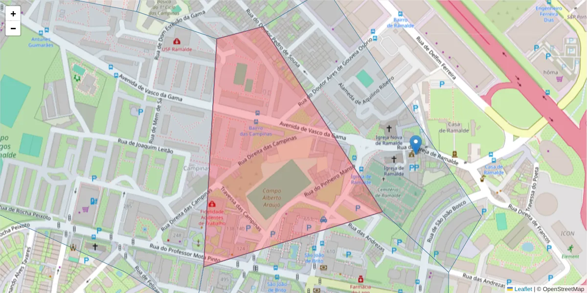 Mapa detalhado do código postal 4100-455 com limites, códigos postais vizinhos e agências dos correios