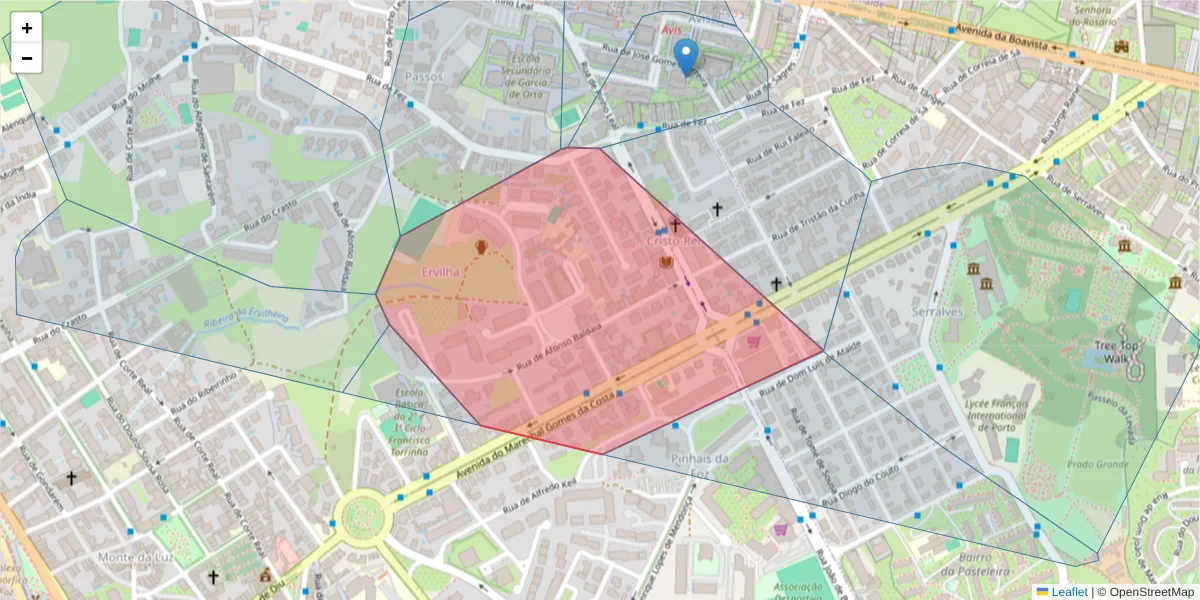 Mapa detalhado do código postal 4150-024 com limites, códigos postais vizinhos e agências dos correios