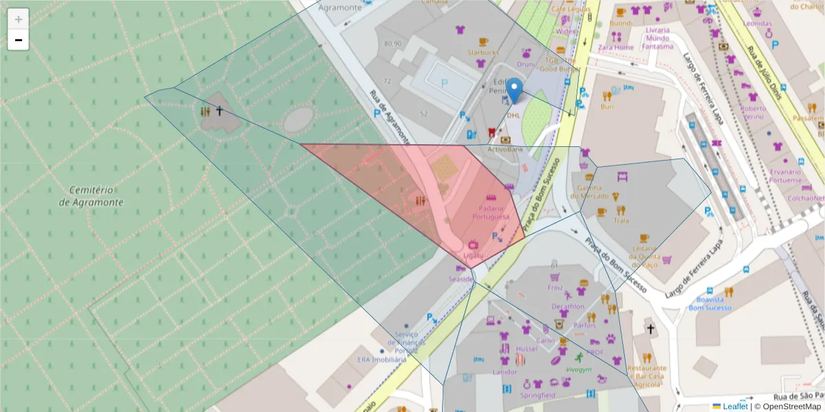 Mapa detalhado do código postal 4150-029 com limites, códigos postais vizinhos e agências dos correios