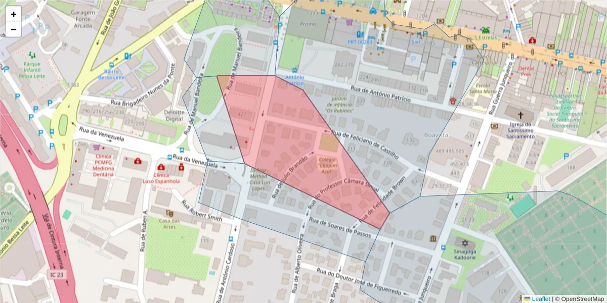 Mapa detalhado do código postal 4150-082 com limites, códigos postais vizinhos e agências dos correios