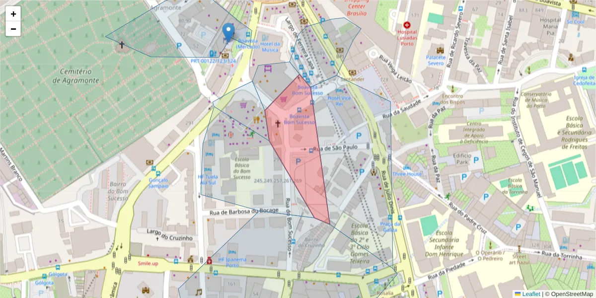 Mapa detalhado do código postal 4150-145 com limites, códigos postais vizinhos e agências dos correios