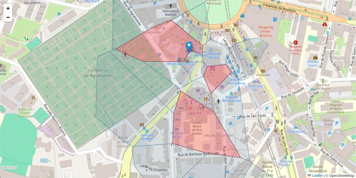 Mapa detalhado do código postal 4150-146 com limites, códigos postais vizinhos e agências dos correios