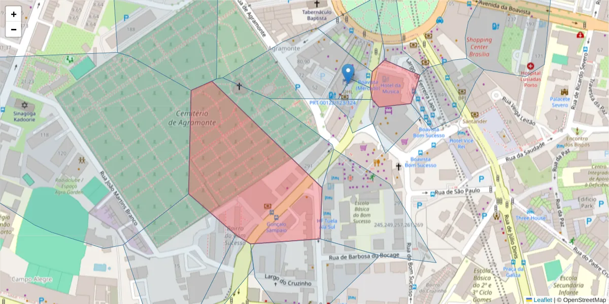 Mapa detalhado do código postal 4150-323 com limites, códigos postais vizinhos e agências dos correios
