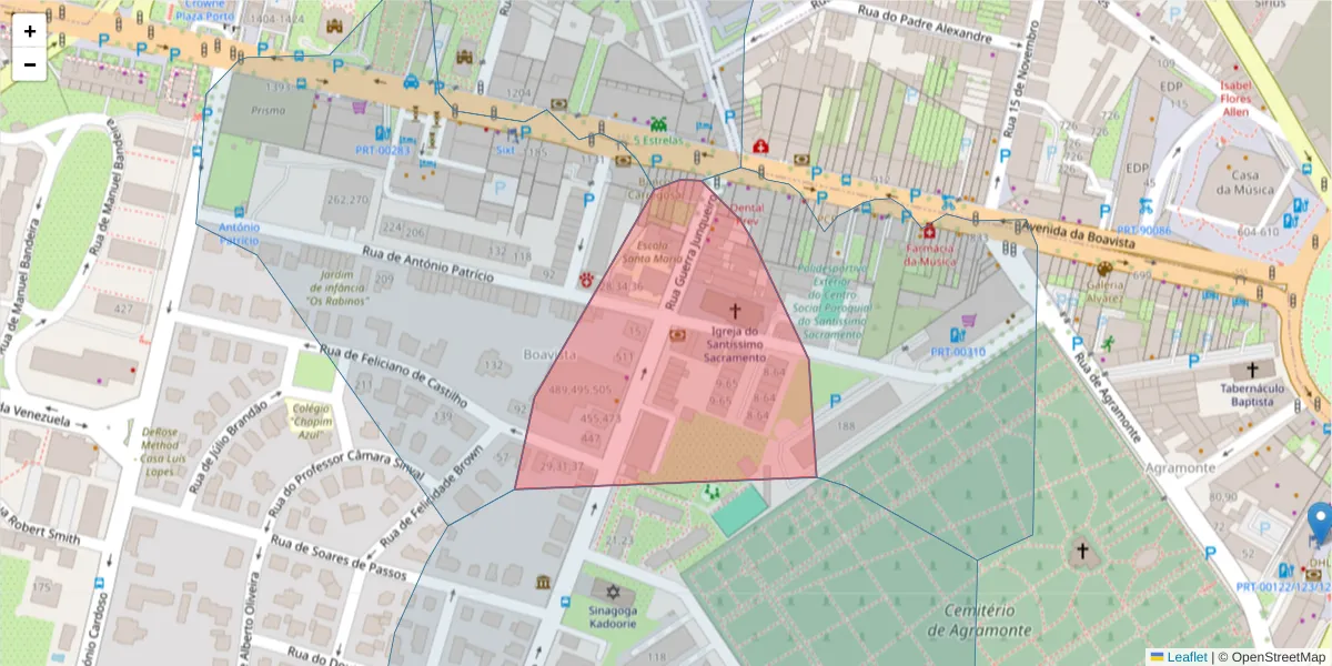Mapa detalhado do código postal 4150-387 com limites, códigos postais vizinhos e agências dos correios