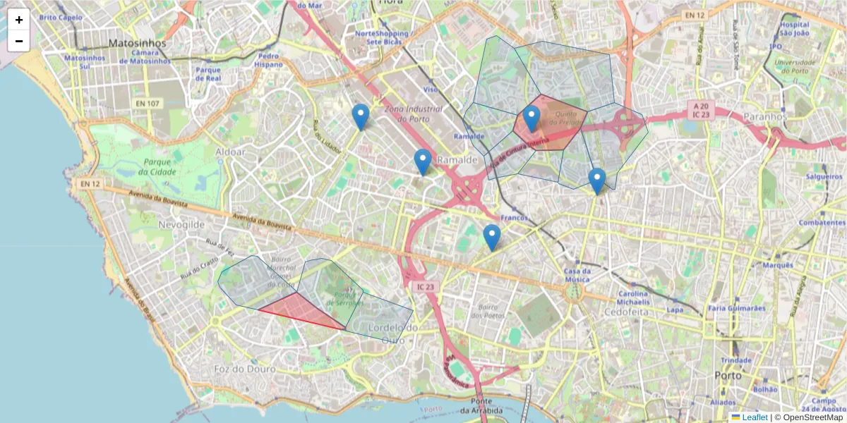Mapa detalhado do código postal 4150-414 com limites, códigos postais vizinhos e agências dos correios