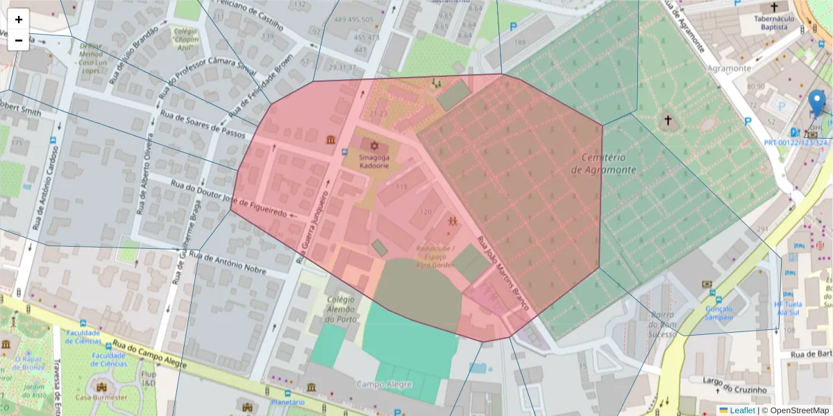 Mapa detalhado do código postal 4150-431 com limites, códigos postais vizinhos e agências dos correios