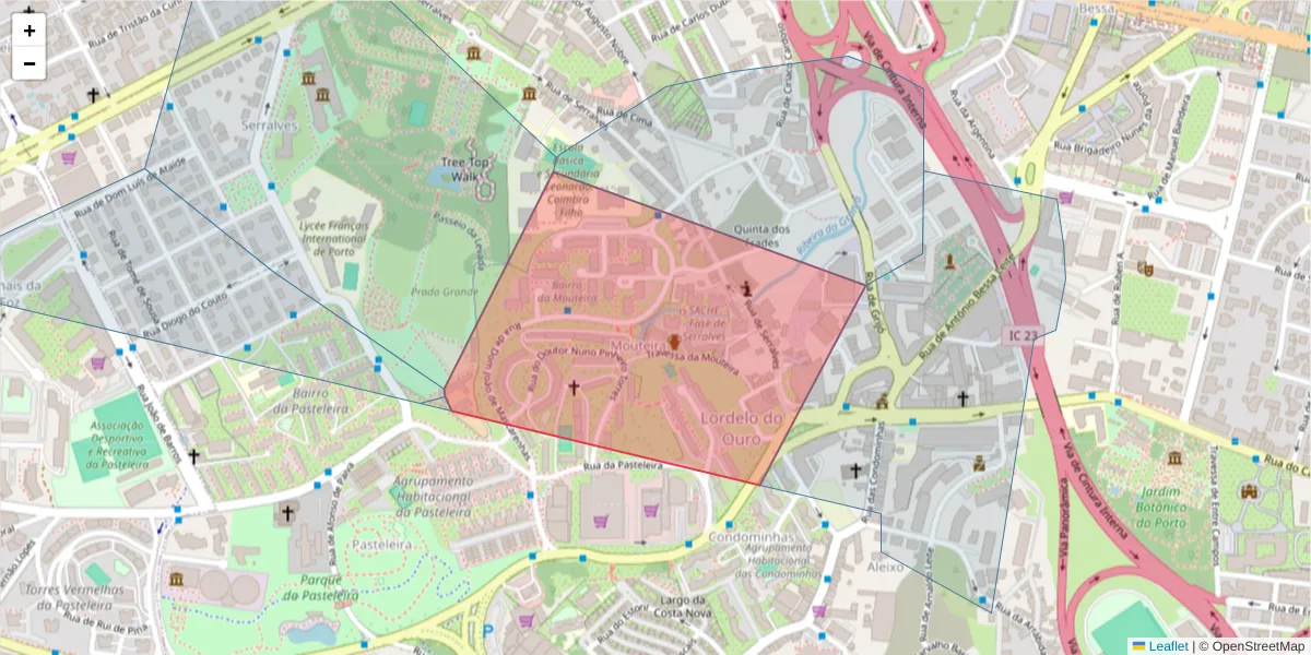 Mapa detalhado do código postal 4150-707 com limites, códigos postais vizinhos e agências dos correios