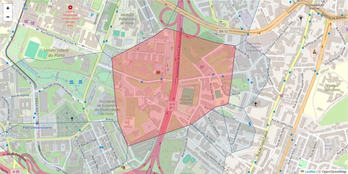 Mapa detalhado do código postal 4200-008 com limites, códigos postais vizinhos e agências dos correios
