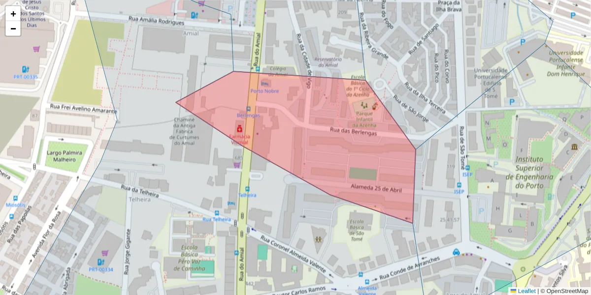 Mapa detalhado do código postal 4200-055 com limites, códigos postais vizinhos e agências dos correios