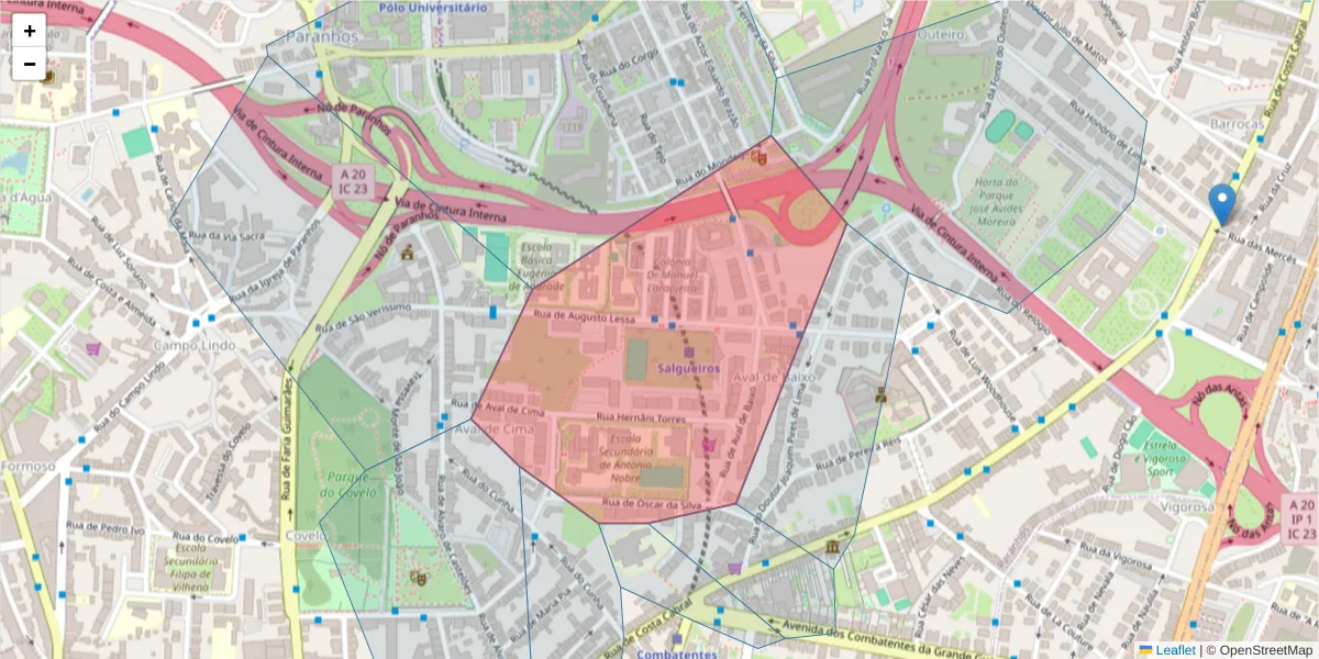 Mapa detalhado do código postal 4200-099 com limites, códigos postais vizinhos e agências dos correios