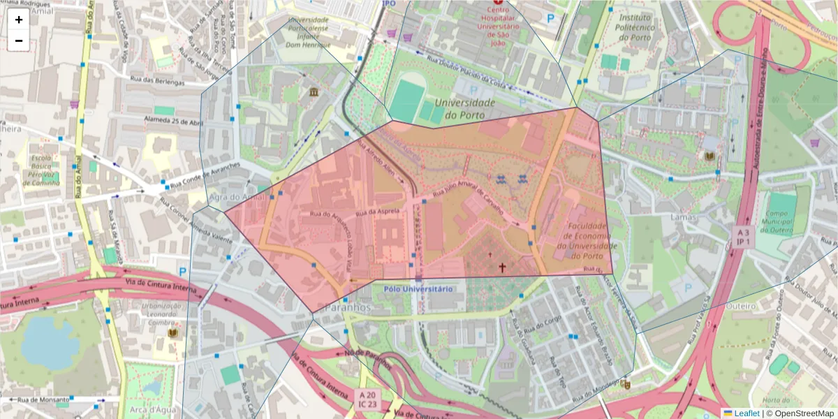 Mapa detalhado do código postal 4200-135 com limites, códigos postais vizinhos e agências dos correios