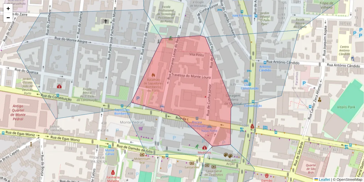 Mapa detalhado do código postal 4200-167 com limites, códigos postais vizinhos e agências dos correios