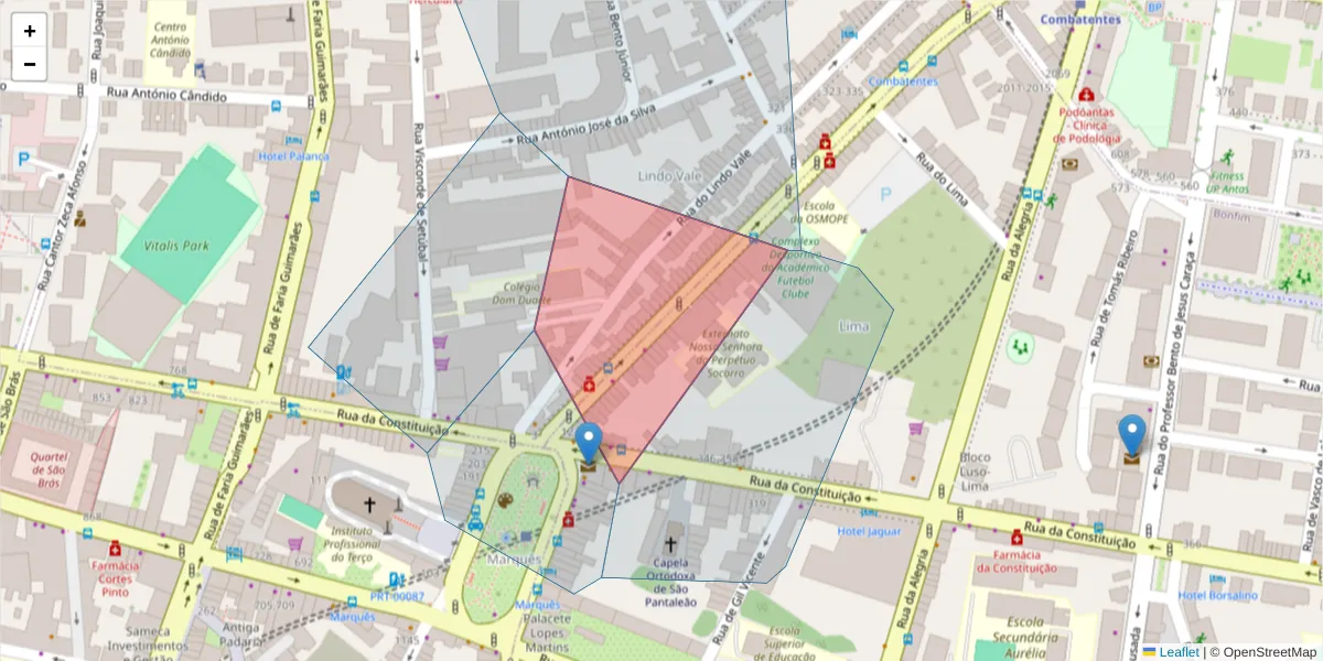 Mapa detalhado do código postal 4200-208 com limites, códigos postais vizinhos e agências dos correios