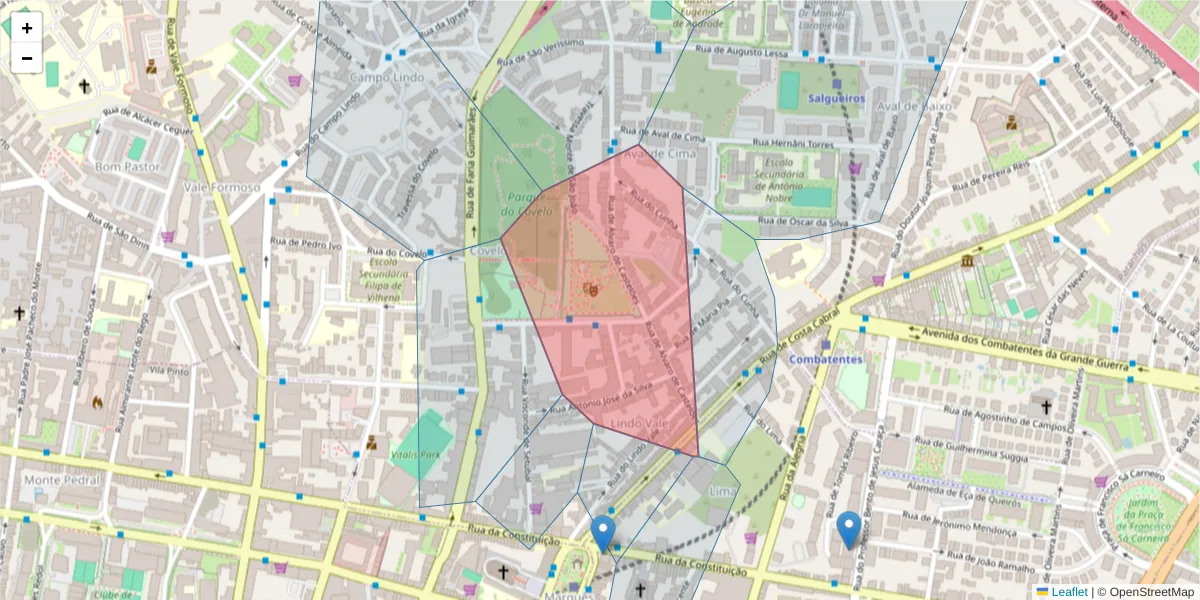 Mapa detalhado do código postal 4200-209 com limites, códigos postais vizinhos e agências dos correios