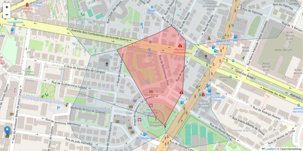 Mapa detalhado do código postal 4200-314 com limites, códigos postais vizinhos e agências dos correios
