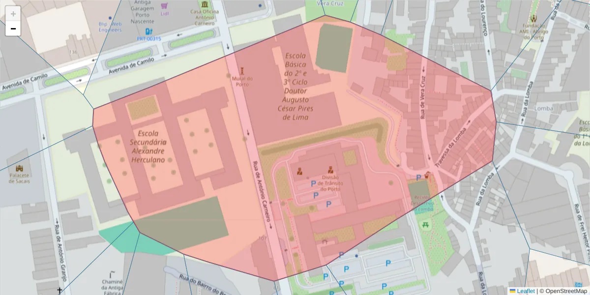Mapa detalhado do código postal 4200-315 com limites, códigos postais vizinhos e agências dos correios