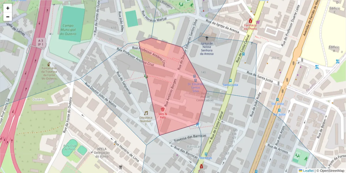 Mapa detalhado do código postal 4200-475 com limites, códigos postais vizinhos e agências dos correios