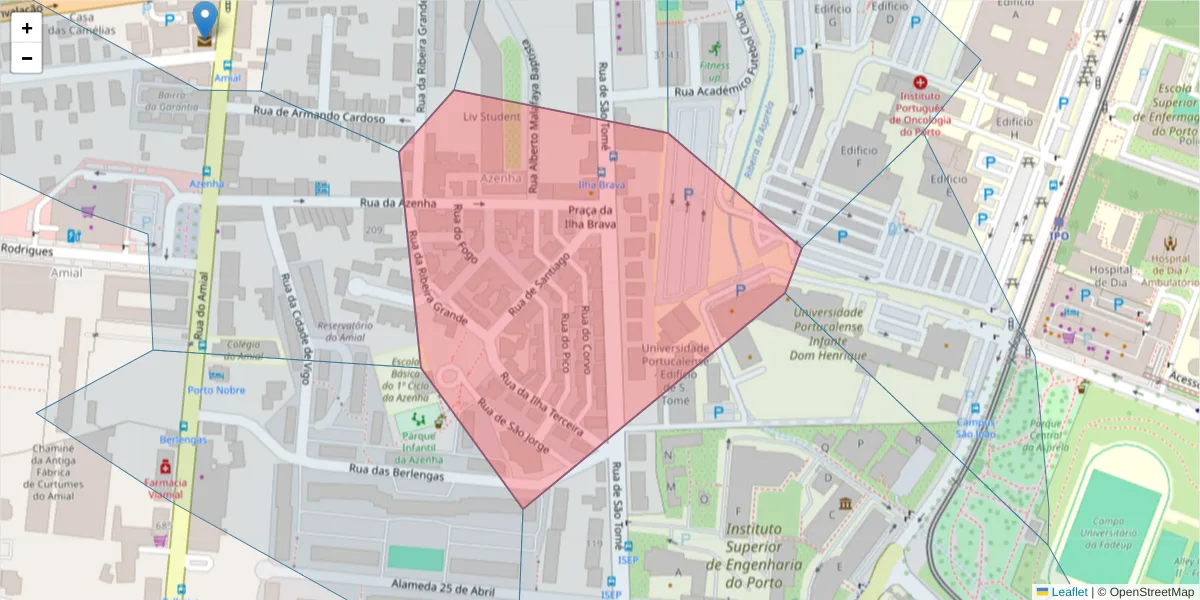 Mapa detalhado do código postal 4200-491 com limites, códigos postais vizinhos e agências dos correios