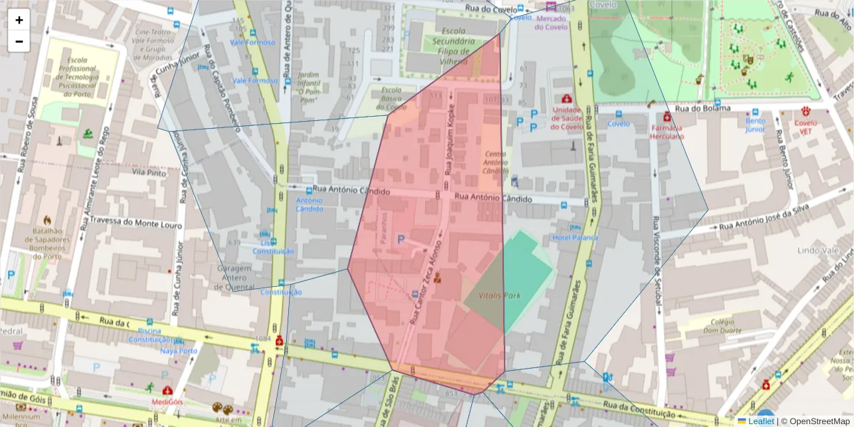 Mapa detalhado do código postal 4200-534 com limites, códigos postais vizinhos e agências dos correios