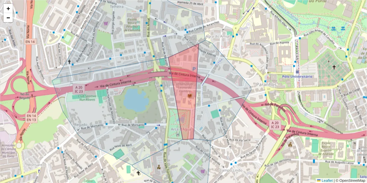 Mapa detalhado do código postal 4249-004 com limites, códigos postais vizinhos e agências dos correios