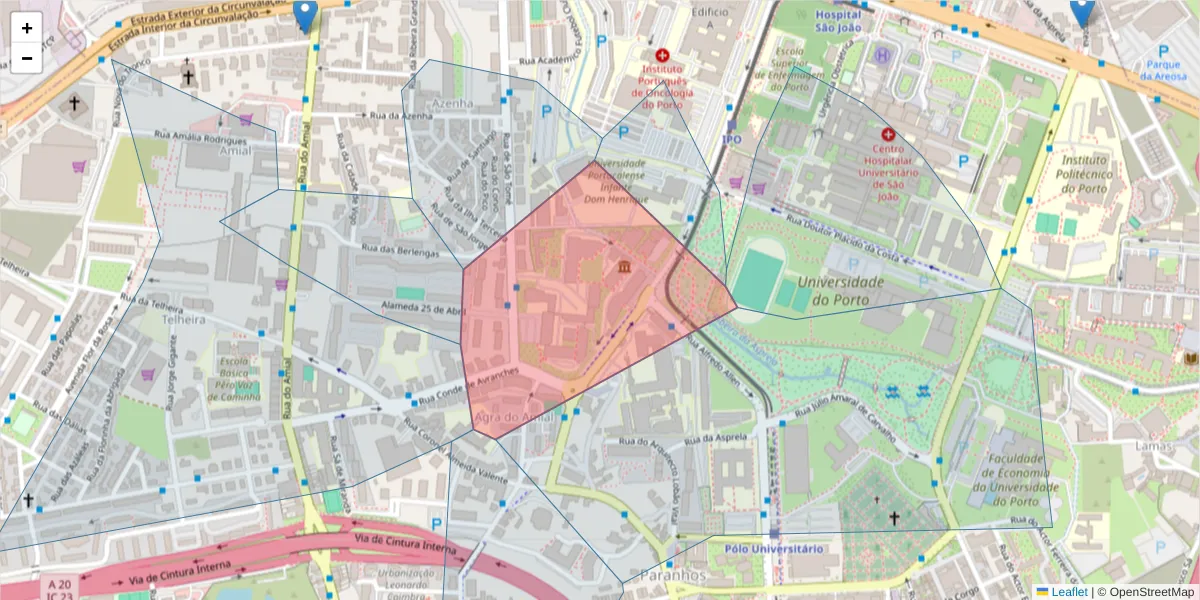 Mapa detalhado do código postal 4249-015 com limites, códigos postais vizinhos e agências dos correios