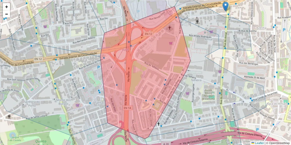 Mapa detalhado do código postal 4250-148 com limites, códigos postais vizinhos e agências dos correios