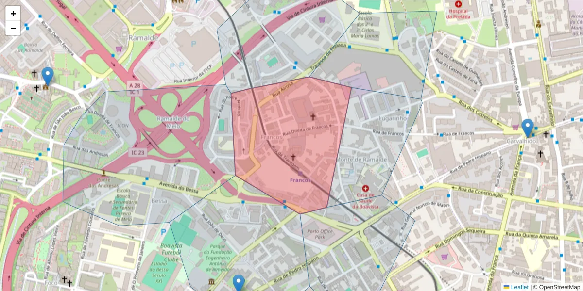 Mapa detalhado do código postal 4250-192 com limites, códigos postais vizinhos e agências dos correios