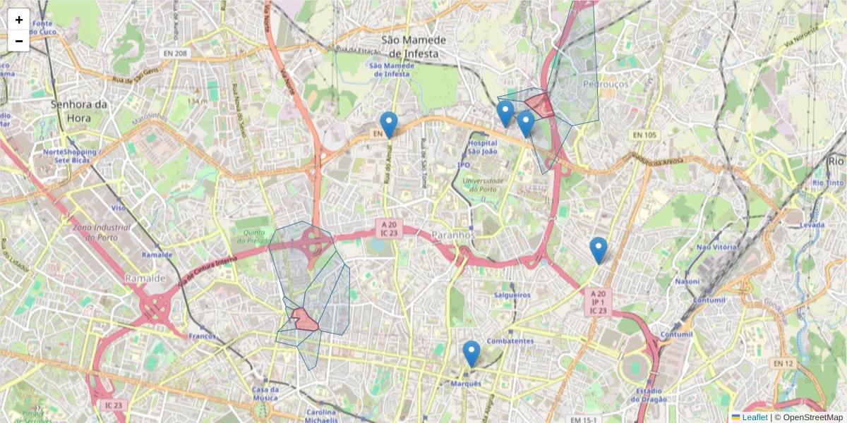 Mapa detalhado do código postal 4250-204 com limites, códigos postais vizinhos e agências dos correios