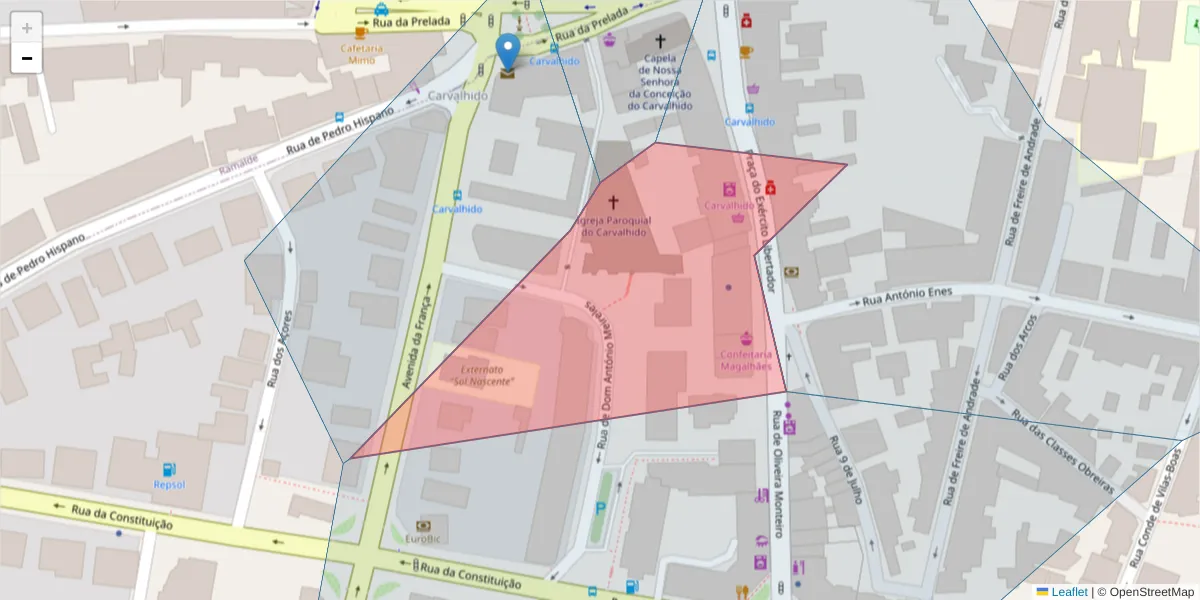 Mapa detalhado do código postal 4250-205 com limites, códigos postais vizinhos e agências dos correios