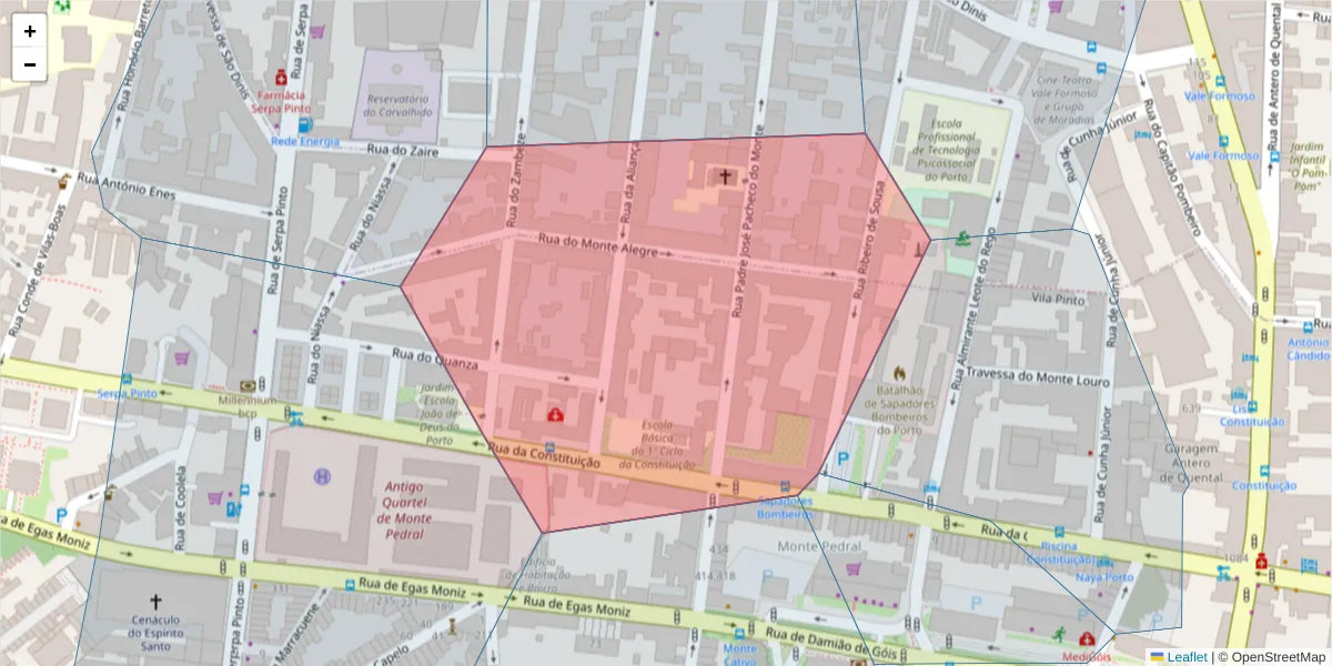 Mapa detalhado do código postal 4250-255 com limites, códigos postais vizinhos e agências dos correios