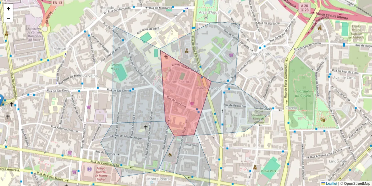 Mapa detalhado do código postal 4250-269 com limites, códigos postais vizinhos e agências dos correios
