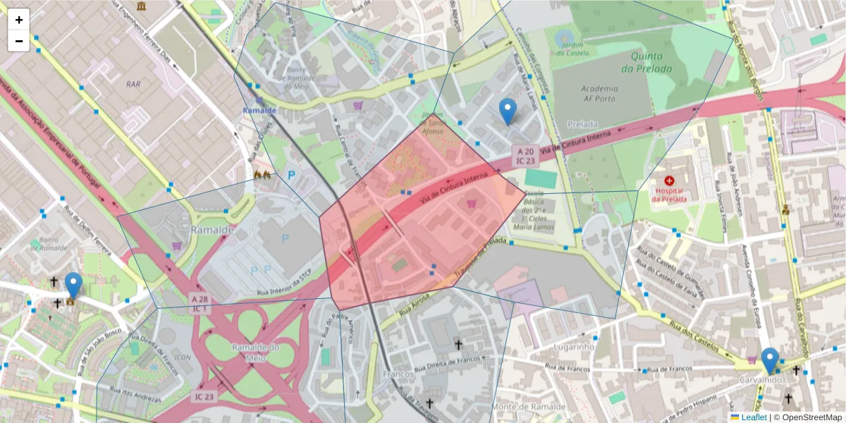 Mapa detalhado do código postal 4250-507 com limites, códigos postais vizinhos e agências dos correios