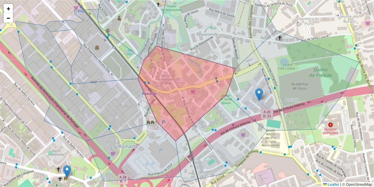 Mapa detalhado do código postal 4250-540 com limites, códigos postais vizinhos e agências dos correios