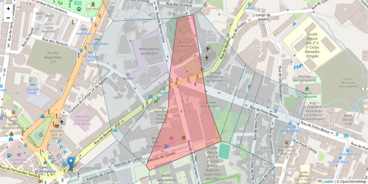 Mapa detalhado do código postal 4300-025 com limites, códigos postais vizinhos e agências dos correios