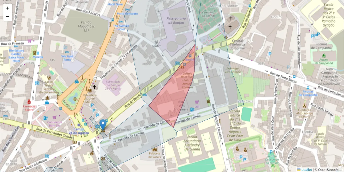 Mapa detalhado do código postal 4300-066 com limites, códigos postais vizinhos e agências dos correios
