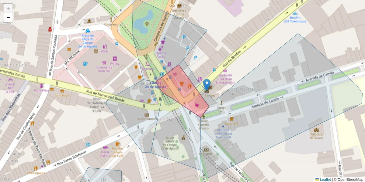 Mapa detalhado do código postal 4300-069 com limites, códigos postais vizinhos e agências dos correios