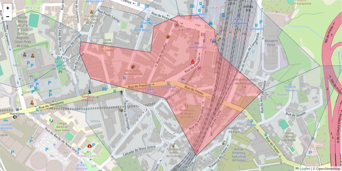 Mapa detalhado do código postal 4300-171 com limites, códigos postais vizinhos e agências dos correios