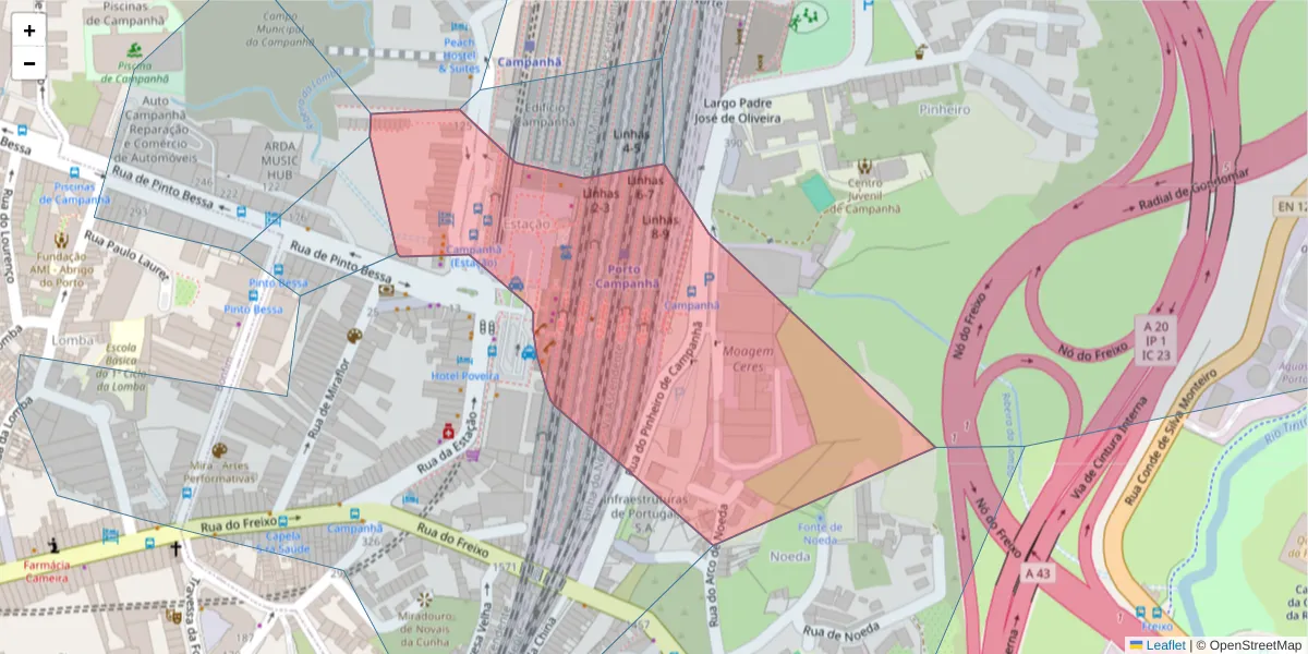 Mapa detalhado do código postal 4300-173 com limites, códigos postais vizinhos e agências dos correios