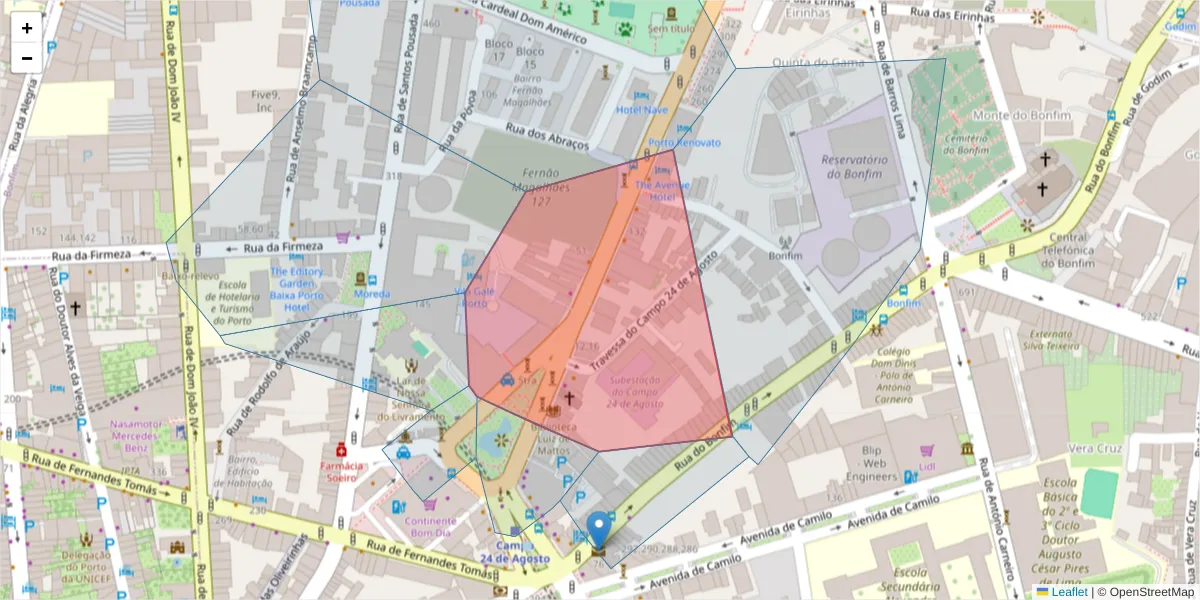 Mapa detalhado do código postal 4300-188 com limites, códigos postais vizinhos e agências dos correios