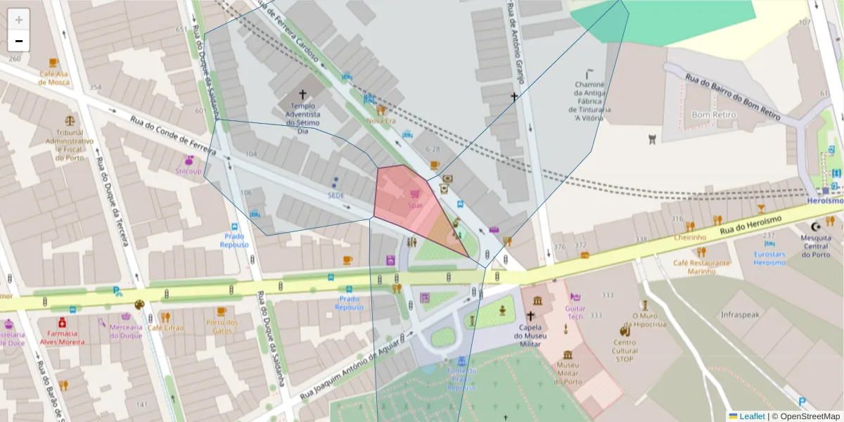 Mapa detalhado do código postal 4300-198 com limites, códigos postais vizinhos e agências dos correios