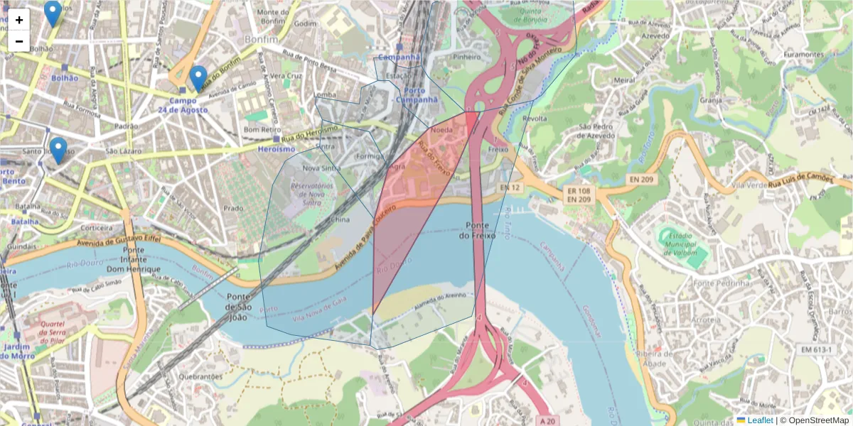 Mapa detalhado do código postal 4300-211 com limites, códigos postais vizinhos e agências dos correios