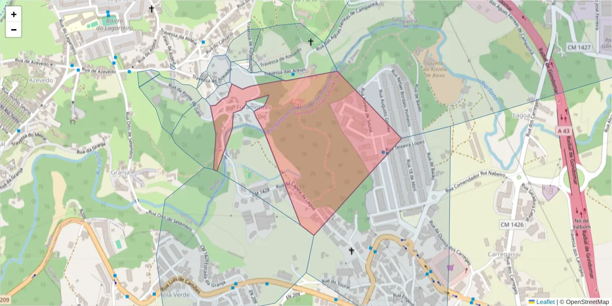 Mapa detalhado do código postal 4300-228 com limites, códigos postais vizinhos e agências dos correios