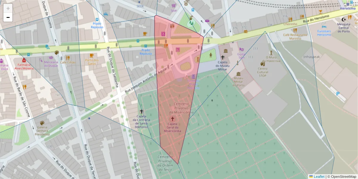 Mapa detalhado do código postal 4300-250 com limites, códigos postais vizinhos e agências dos correios