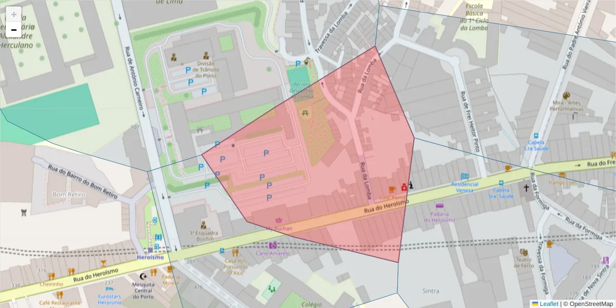 Mapa detalhado do código postal 4300-255 com limites, códigos postais vizinhos e agências dos correios