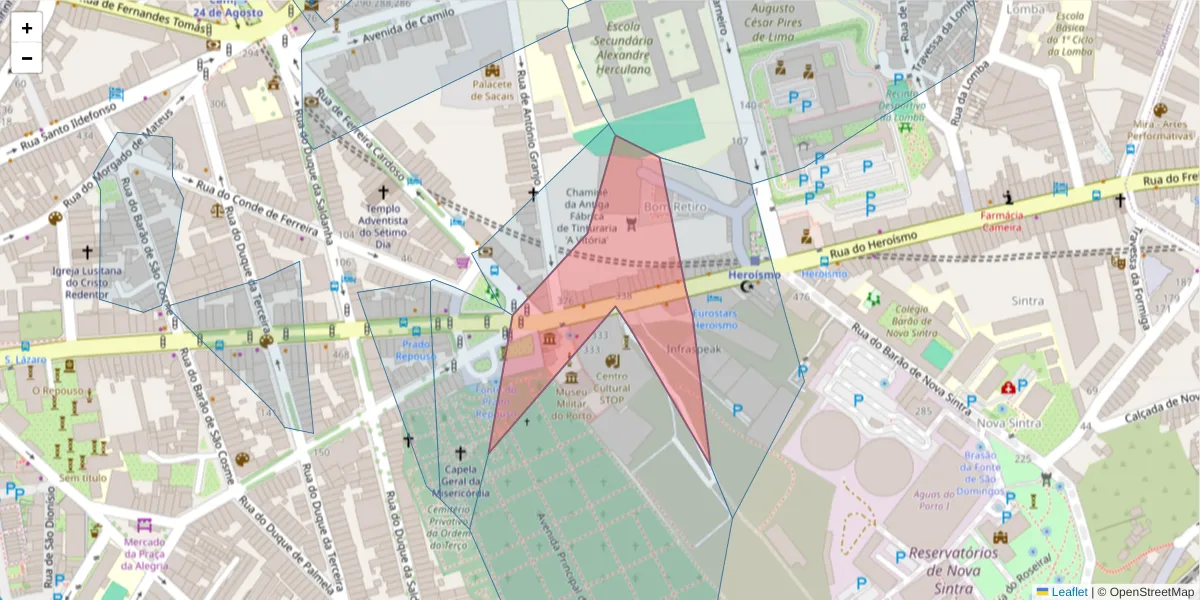 Mapa detalhado do código postal 4300-256 com limites, códigos postais vizinhos e agências dos correios