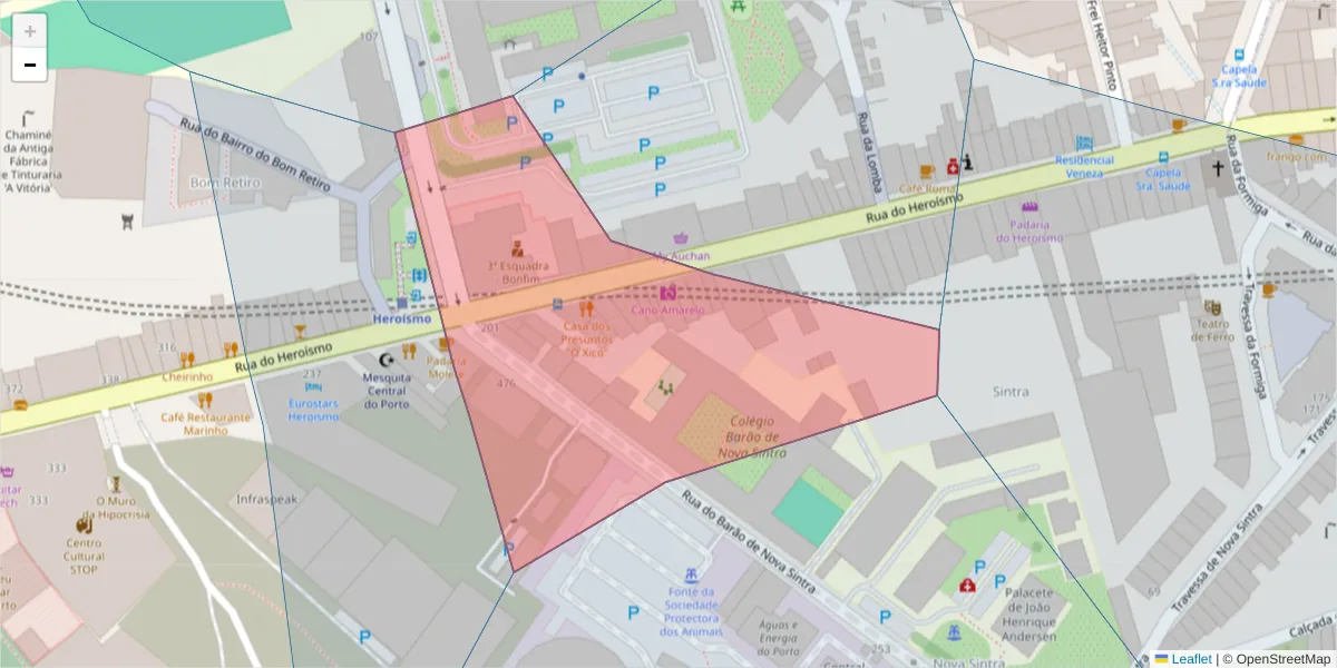 Mapa detalhado do código postal 4300-258 com limites, códigos postais vizinhos e agências dos correios